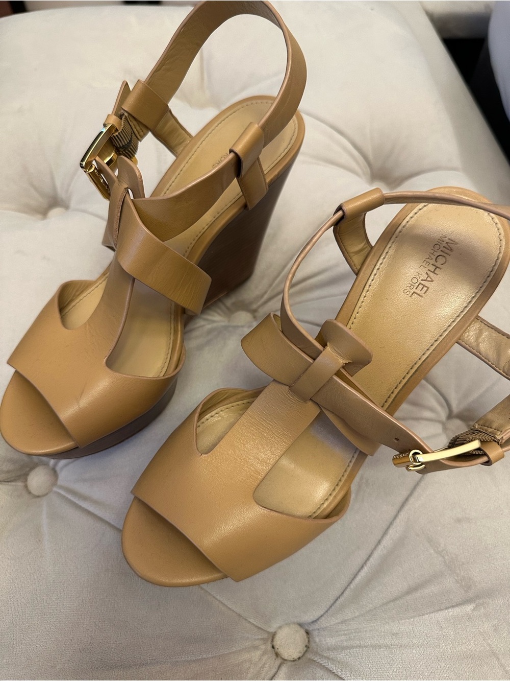MICHAEL Michael Kors Tan Leather Platform Wedge Sandals